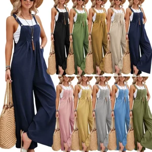 3XL Women Vintage Cotton Suspender Long Jumpsuits Casual Women’s Boho Style Breathable Loose Romper Overalls Ladies