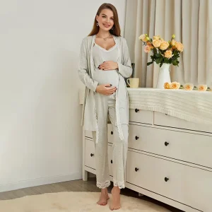 3pcs Maternity Clothes Pregnancy Solid Cami Tank Top & Leggings Set With Belt Coat Cotton Nursing Pajamas