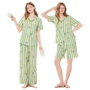 3pcs Women’s Cotton Contrasting Piping V Neck Short Sleeve Breathable Pajamas Set Long Pants All Seasons Summer Sleepwear