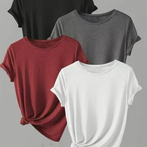4 Piece Bag Women’s Casual Solid Color T-shirt Tee Shirts XS-4XL