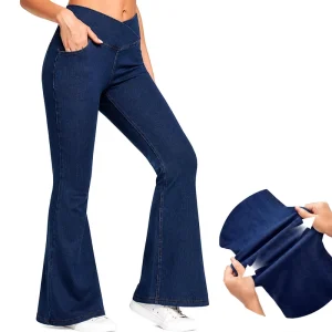4-Way Stretch Faux Denim Knitted Pants Pull On Leggings Yoga Gym Fitness Breathable Bootcut Flare Jeans For Women