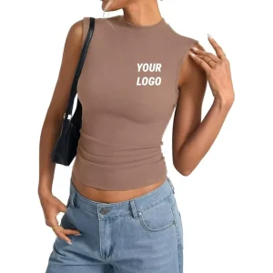 4 way Stretchy Slim Fit Basic Vest with Logo Print Ribbed Cotton Mock Neck Women’s Sleeveless Tank Top