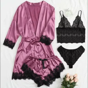 4pcs Women’s Sleepwear Long Sleeve Pajamas Sexy Lace Lingerie Nightwear Underwear Suit for Women