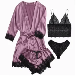 4pcs Women’s Sleepwear Long Sleeve Women Pajamas Sexy Lace Lingerie Nightwear Underwear Sleepwear Suit for Women