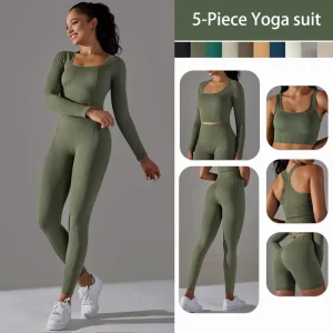 5 Piece Seamless Women’s Sports Set Quick Dry Tennis Workout Pilates Gym Clothes Stretch Activewear Women Yoga Suit