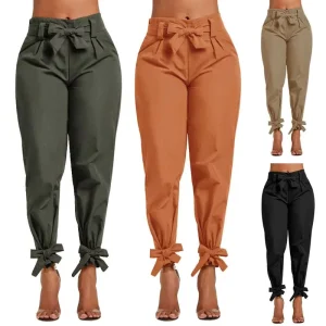 5002 Cotton Blend Tie Ruffles Women Pants Casual Solid High Waist Belt Pocket Spring Women’s Trousers Female Sashes Pants Bottom
