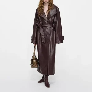 5224 Women’s Autumn Winter New Sheepskin Large Collar Single Breasted Tie up Waist Long Coat Windbreaker
