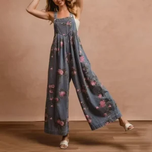 527 Trendy Women’s Vintage Floral Print Denim Overalls Sleeveless Strap Wide Leg Bib Jumpsuit with Pockets for Casual Streetwear