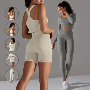 5Pcs Sports Activewear Gym Woman Seamless Ribbed Workout Clothing Yoga Active Wear Set