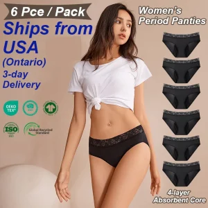 6 Pack Women’s Lace Period Panties 4 Layers Absorbent Heavy Flow Performance Period Underwear Women’s Menstrual Panties