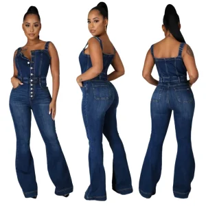 6048 Plus Size Jumpsuits S 3XL Sleeveless Denim Jeans Flare Pants Jumpsuit Skinny Fit Solid for Spring Fall