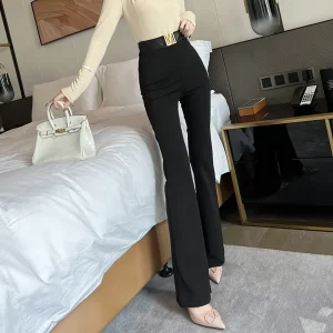 6082 Leather Patchwork High Waist Slim Fit Black Formal Long Flare Pants for Women