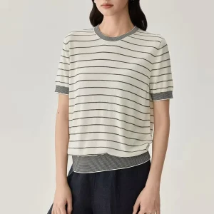 62501 Women’s Summer Short Sleeve Tee Striped Silk Top Casual All-Match Loose Slimming Design Crew Neck T-Shirt