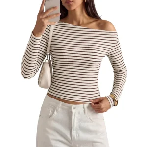 65 Viscose 35 Polyester Womens Tops Fall Off the Shoulder Long Sleeve Shirts Striped Fitted Y2K T-Shirt Going Out Crop Top