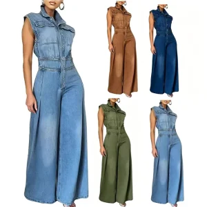 70 Cotton 30 Polyester Women’s Sleeveless Denim Jumpsuits High Waisted Wide Leg Jumpsuit Summer Jean Pants Rompers