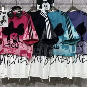 8061 FANMAJIALIE Women’s Cotton Printed Embroidered Mickey Minnie Short Sleeve Loose Fit T shirt Breathable Street Fashion