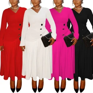 8114 New Arrival Plus Size Autumn Dresses Women Casual Long Sleeve V neck Pleated Maxi Dress Ladies Plus Size Dresses for Women