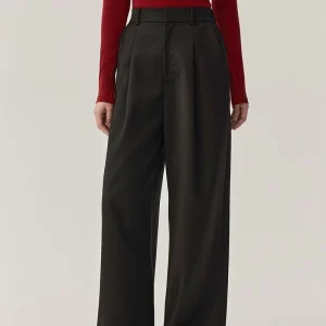 862558 Women’s High Waist Fashion Solid Color Sheep Wool Wide Leg Full Length Pants Loose Sweater Trousers with Two Side Pockets