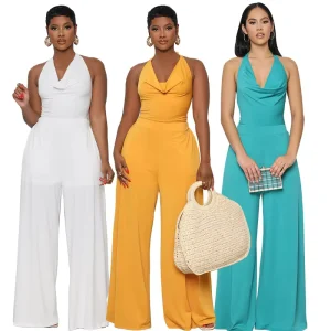8649 Summer Women’s Clothing Fashion Casual Solid Office V Neck High Waist Wide Leg Romper Jumpsuit