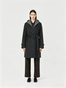 95% Wool 5% Cashmere Women’s Hooded Belted Two Tone Mid length Winter Coat OEM