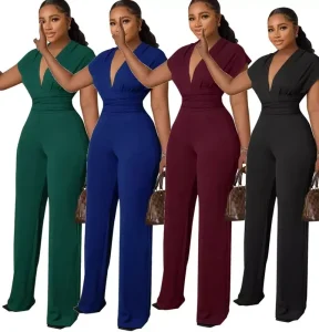 9585 Low Cut Solid Color Waist V neck Women’s Jumpsuits Elegant Ladies Jumpsuit Bodycon One Piece Jumpsuit