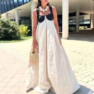 A11476 Summer Fashion Women’s Elegant Casual Dress Patchwork Design Long Sleeveless Lace up Backless Draped Robe Strapless
