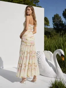 A12194 Women’s Vintage Floral Chiffon Dress Summer High Waist Split Casual Elegant Halter Neckline Lace Zipper Ruffle
