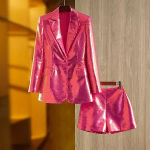 AIMEISI Colorful Sequined Elegant Suit Jackets Shorts Sets Women’s Suits 2 Pieces Set for Ladies