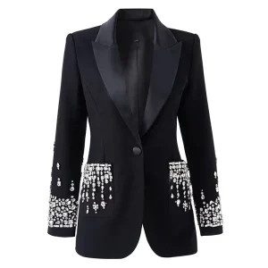 AIMEISI Embellished Beaded Diamante Women’s Jackets Elegant Single Button Women’s Blazers