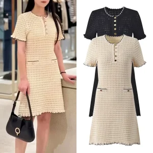 AIMEISI New Elegant Casual Hollow Round Neck Short Dress with Inner Knitted Women’s Dresses