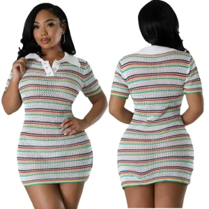 AJ4450 Winter A-Line Casual Women’s Woolen Neck Knitted Slim-fit Short Sleeve Striped Button Polo Neck Dress