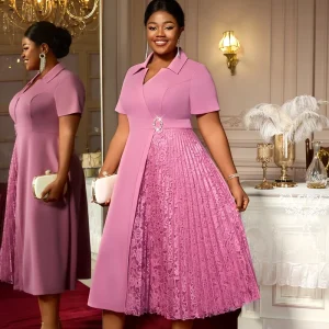 AM050511 Short Sleeve Lapel Collar Asymmetric Lace Patchwork Pink A Line Formal Plus Size Midi Belted Women’s Casual Dress