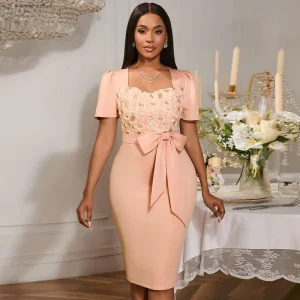 AM050543 Square Neck Short Sleeve 3D Rose Bowtie Elegant Formal Pink Sheath Women’s Casual Dress