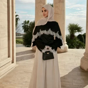 Abaya Women’s Dresses Islamic Clothing Satin Lace Top Attached Cape Modest Wear Women Lace Abaya Tie Top Shirt
