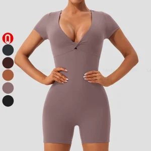 Activewear Ladies Slim Fit Short Sleeve Workout Gym Romper Athletic Deep V Neck Sexy Yoga Bodysuit for Women
