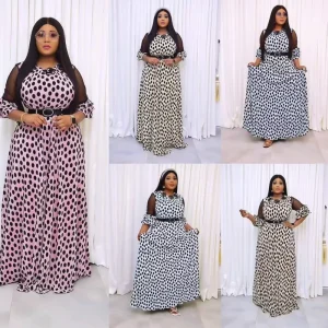 African Plus Size Women’s Clothing Slimming and Long Style A Line Polka Dot Lace Dress