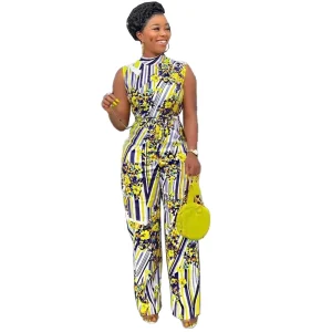 African Women’s Romper Digital Print High Stretch Sleeveless Wide Leg High Waist Romper + Belt