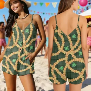 Aloha Hawaiian Print Women’s Rompers Personalized Customization Maile Lei Loose-fitting V-neck Jumpsuit with Double Pockets