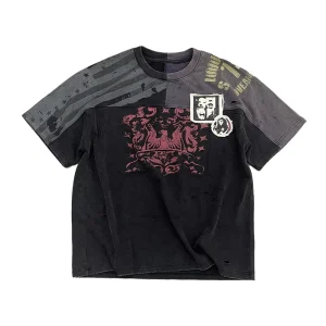 American Grunge Symmetric Patchwork Ripped Graphic Men’s T-shirts Women’s Custom Oversized