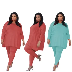 American Plus Size Women Clothing Cross Border Spot Loose Solid Color Plus Size Pants Two Piece Sets