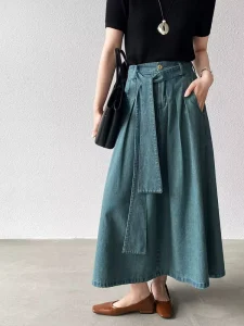 American Retro Women’s Denim Midi Skirt with a Tie Waist and Full Skirt