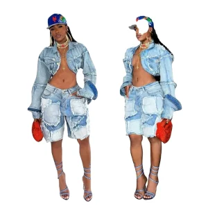 American Size S-2XL Denim Jeans Jackets Ladies Two Piece Shorts Set
