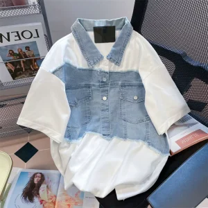 American Style High Street Denim Patchwork Polo Shirts With High end Feel Niche Short Sleeved Women’s T shirts