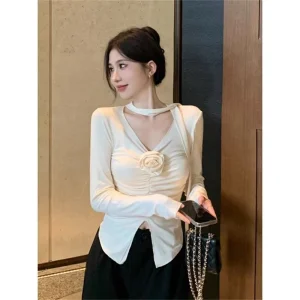 American Style Stitching Pleated Flower V-Neck Long-Sleeved T-Shirt Women’s Spring Slim-Fit Short Top