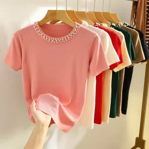 Annshine Women’s Loose fit Short Sleeve T shirt Ice Silk Tops for Women Classic Solid Color Pearl Blouse