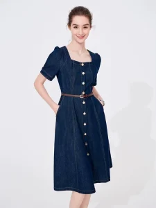 Anti-wrinkle Slimming Pure Cotton Short-Sleeved Floor-Length Denim Dress Women’s Eco-Friendly High Waist