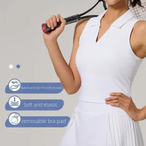 Antibacterial Fabric Women’s Sleeveless Polo Tennis Tank Top With Detachable Pads Curved Binding and Skin Friendly Fabric