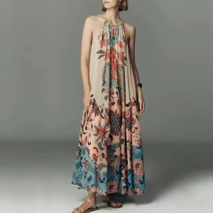 Apparel Manufacturer Custom Women’s Boho Floral Print Sleeveless Spaghetti Strap Casual Vacation Flowy Maxi Dress