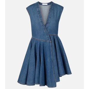 Asymmetrical Hemline V-neck Sleeveless Denim Dresses Pleated Washed Women Dresses Elegant Vintage Casual Female Skirts