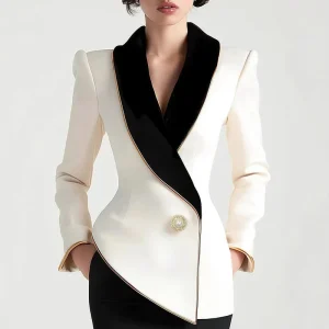 Asymmetrical White Blazer with Black Contrast Lapels Long Sleeves Slim Women’s Outerwear Jacket
